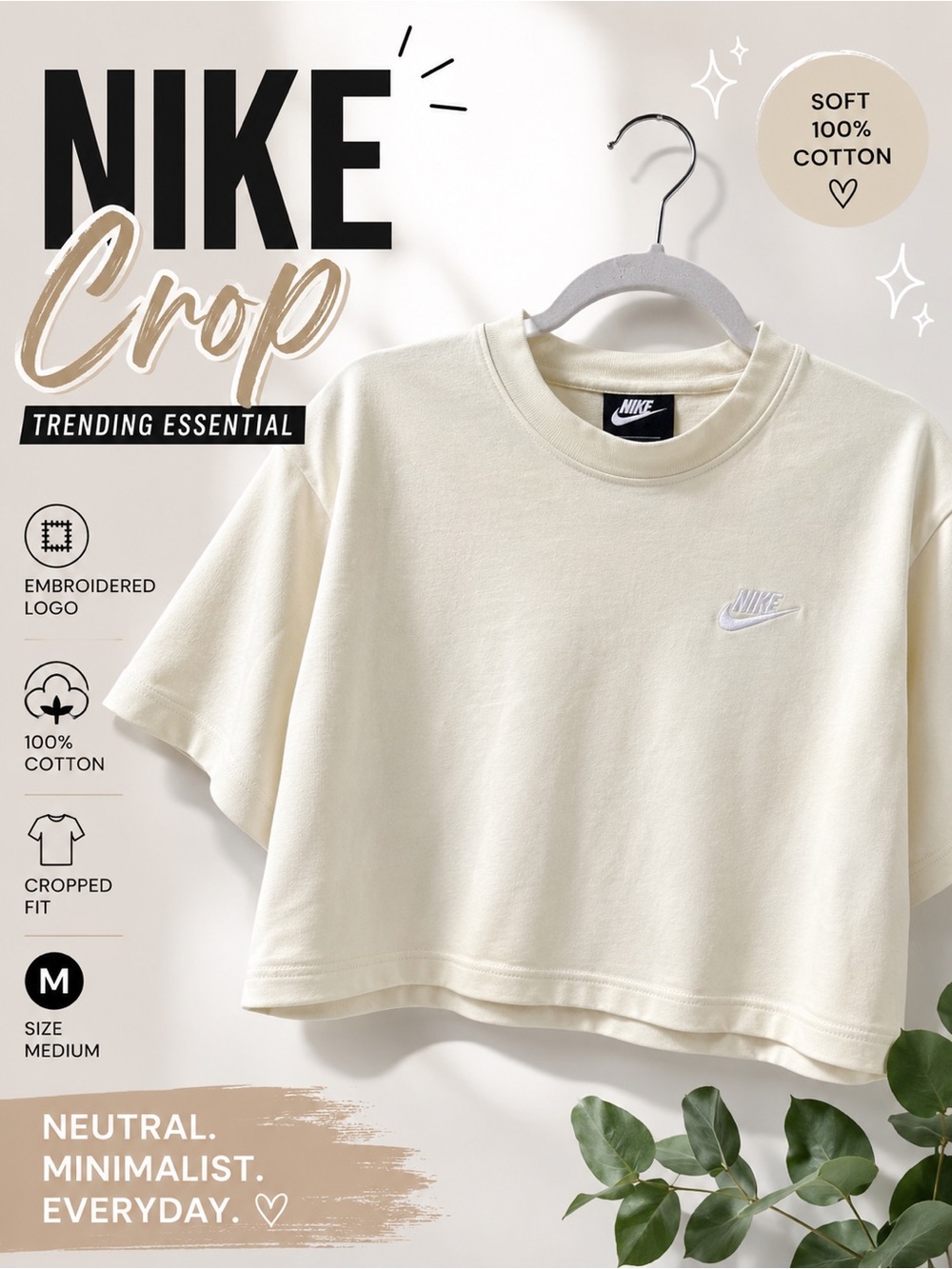 Nike Essential Cropped Tee Light Yellow Embroidered Logo Medium